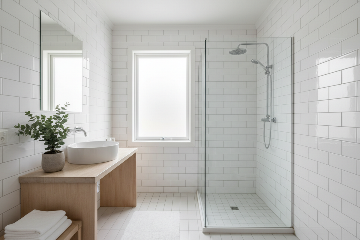 Lichte badkamer met schone voegen en eucalyptusplantje