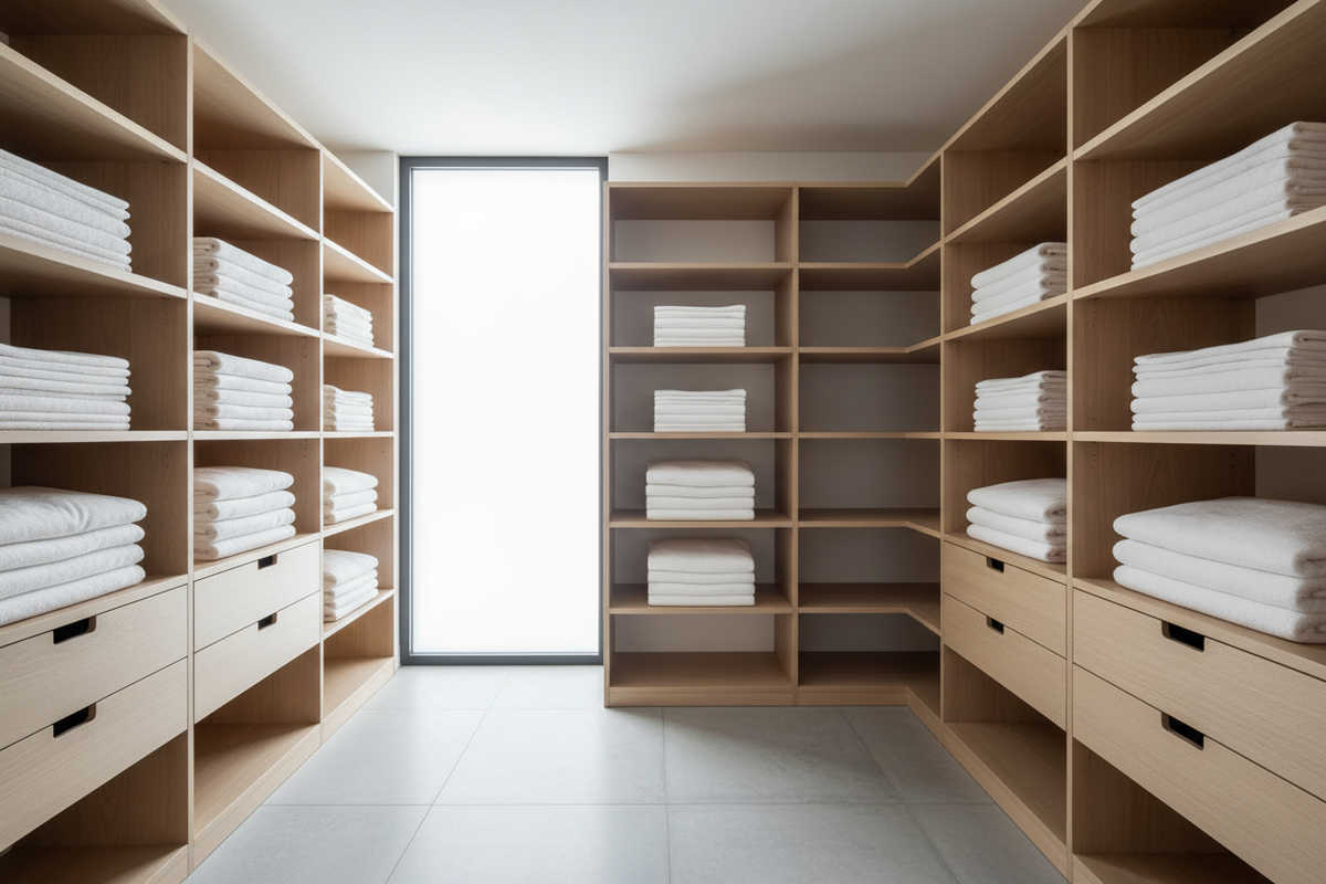 Bright minimalist closet met netjes gevouwen witte doeken