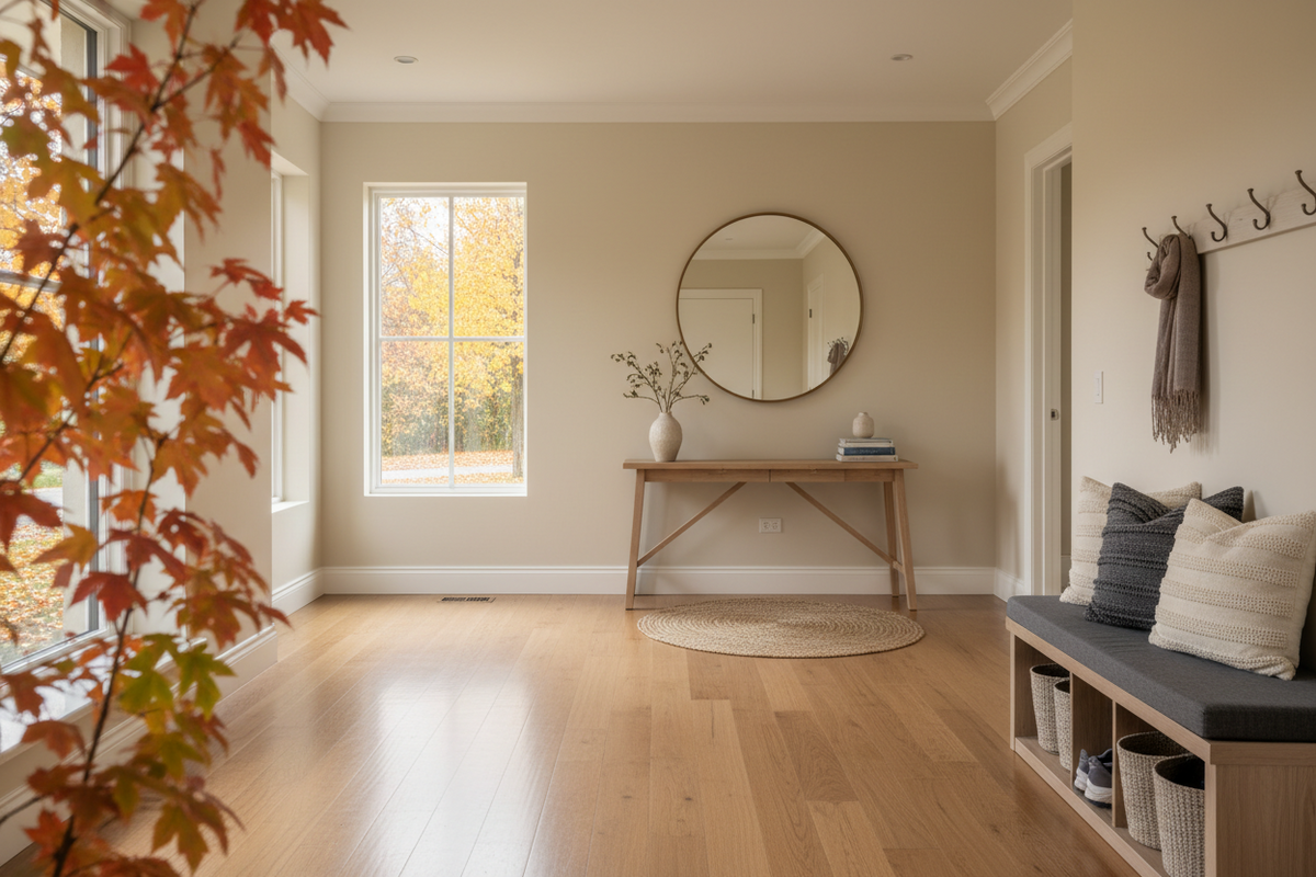 Opgeruimde hal met houten vloer en herfstbladeren zichtbaar