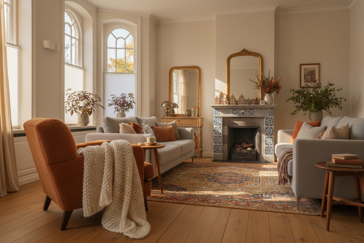 Gezellige Nederlandse woonkamer in de herfst met plaid over stoel