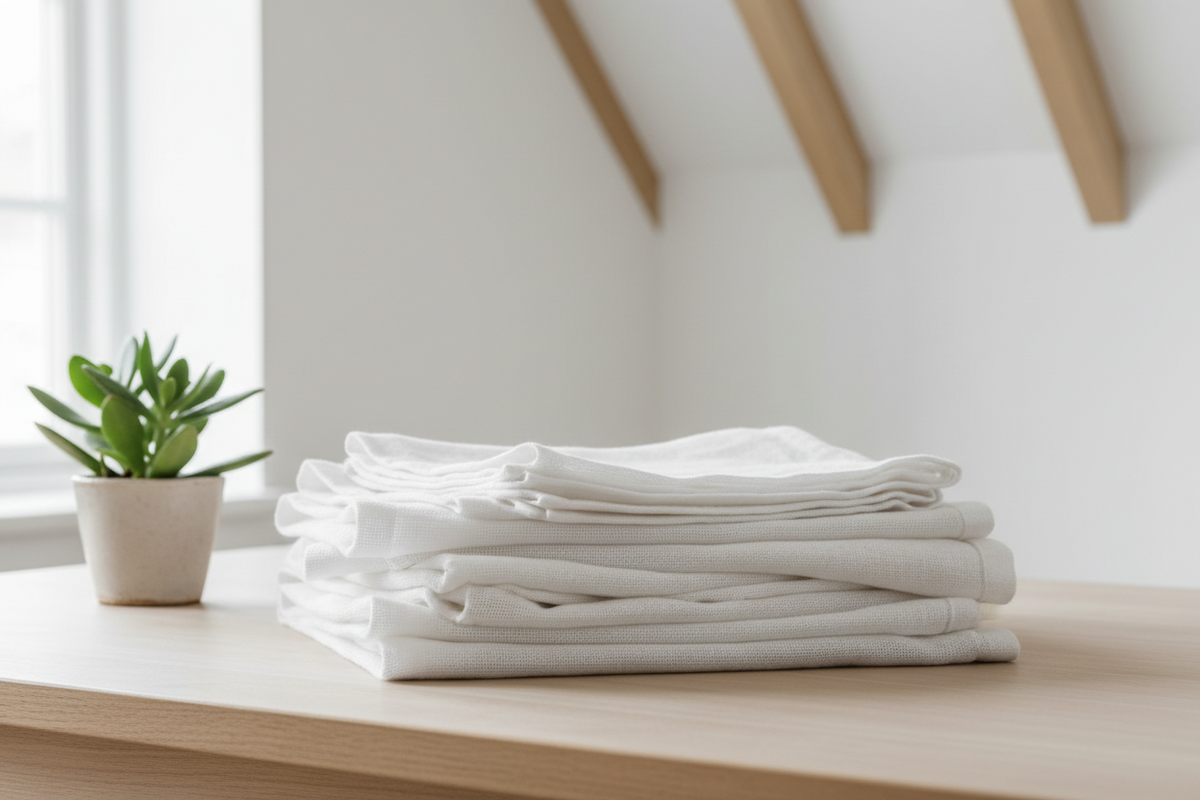 Netjes gevouwen stapel witte doeken op houten tafel