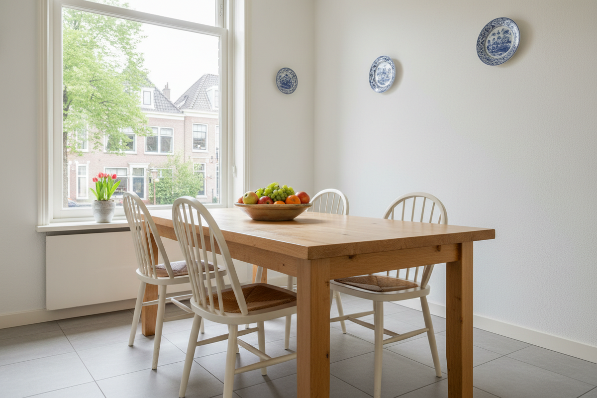 Lichte eethoek met houten tafel