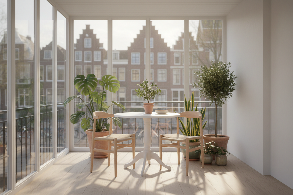 Lichte serre of balkon met tuinmeubels