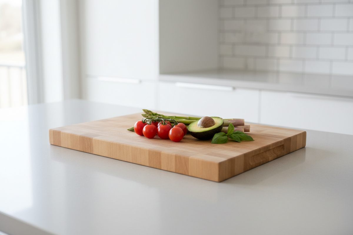 Licht keukenwerkblad met houten snijplank en verse groenten