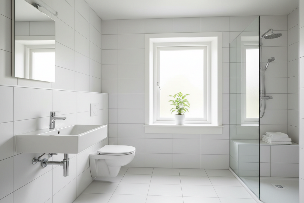 Lichte, smetteloze badkamer met witte tegels en plantje