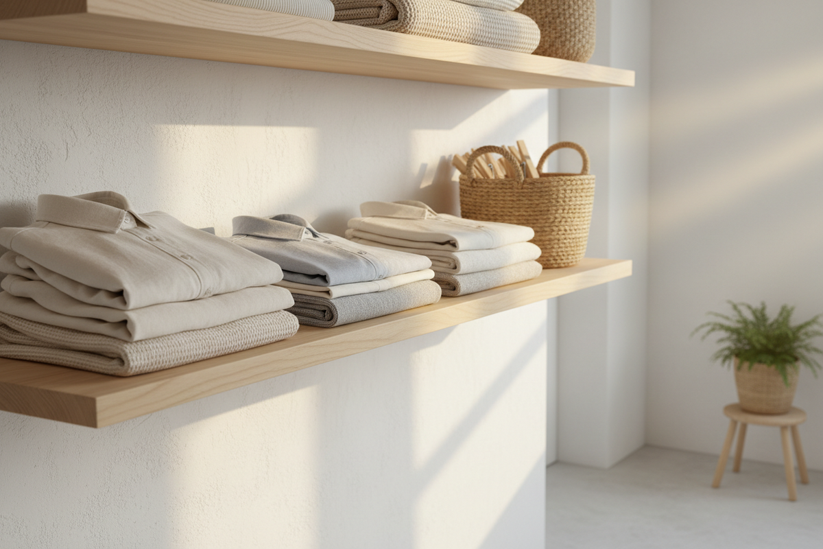 Zonovergoten wasruimte met netjes gevouwen lichte kleding