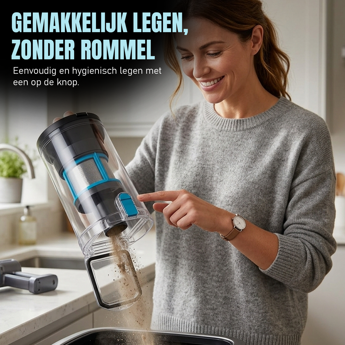 Stofreservoir van de Kymo stofzuiger legen met één druk op de knop