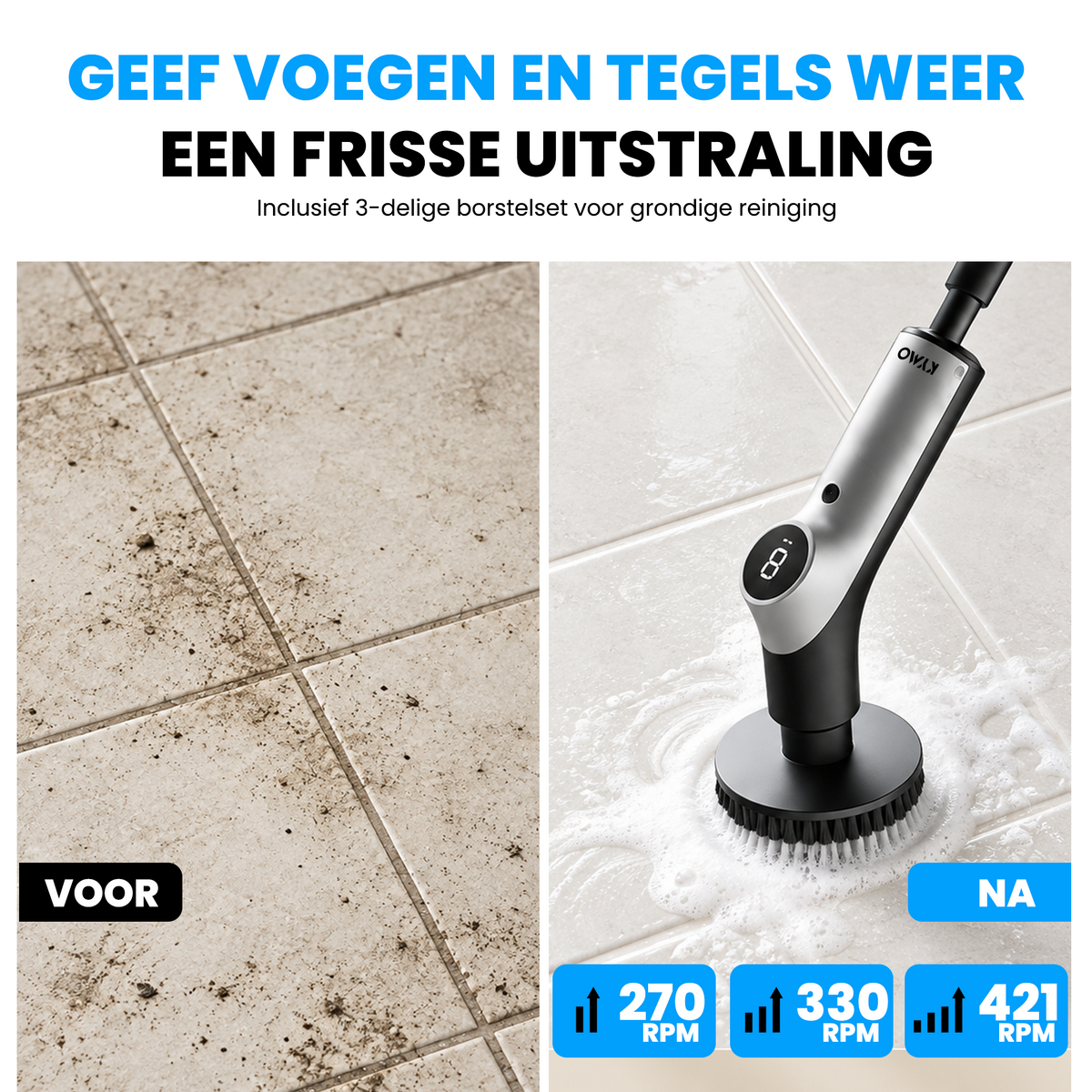 Voor en na: voegen en tegels schoonmaken met de Kymo elektrische schrobborstel