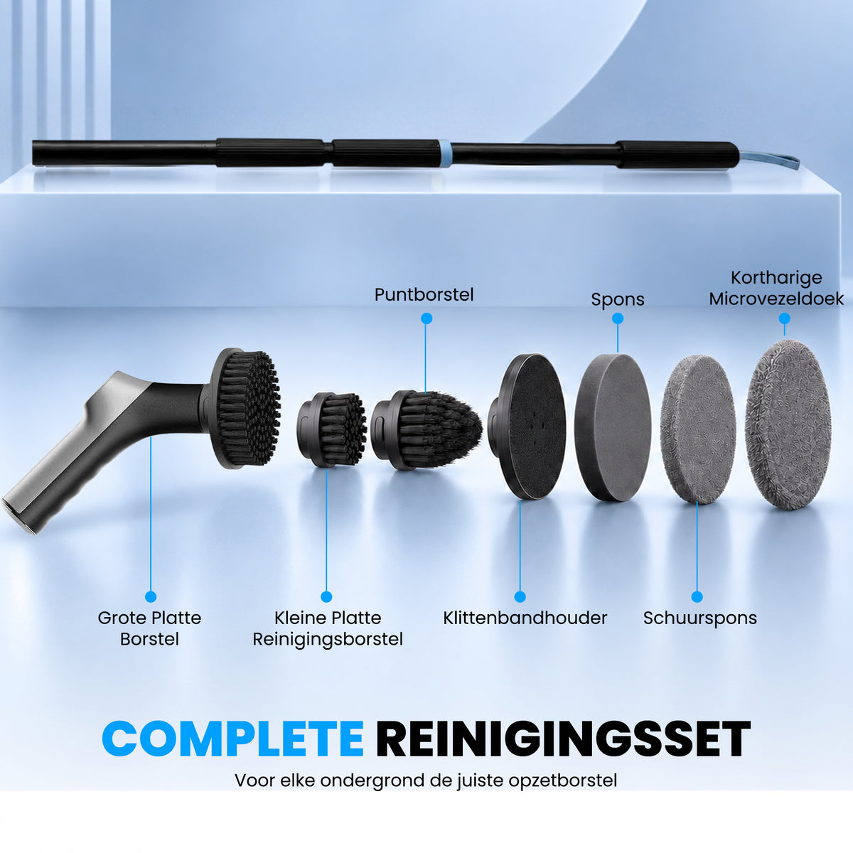 Complete reinigingsset met 7 opzetstukken van de Kymo schoonmaakborstel