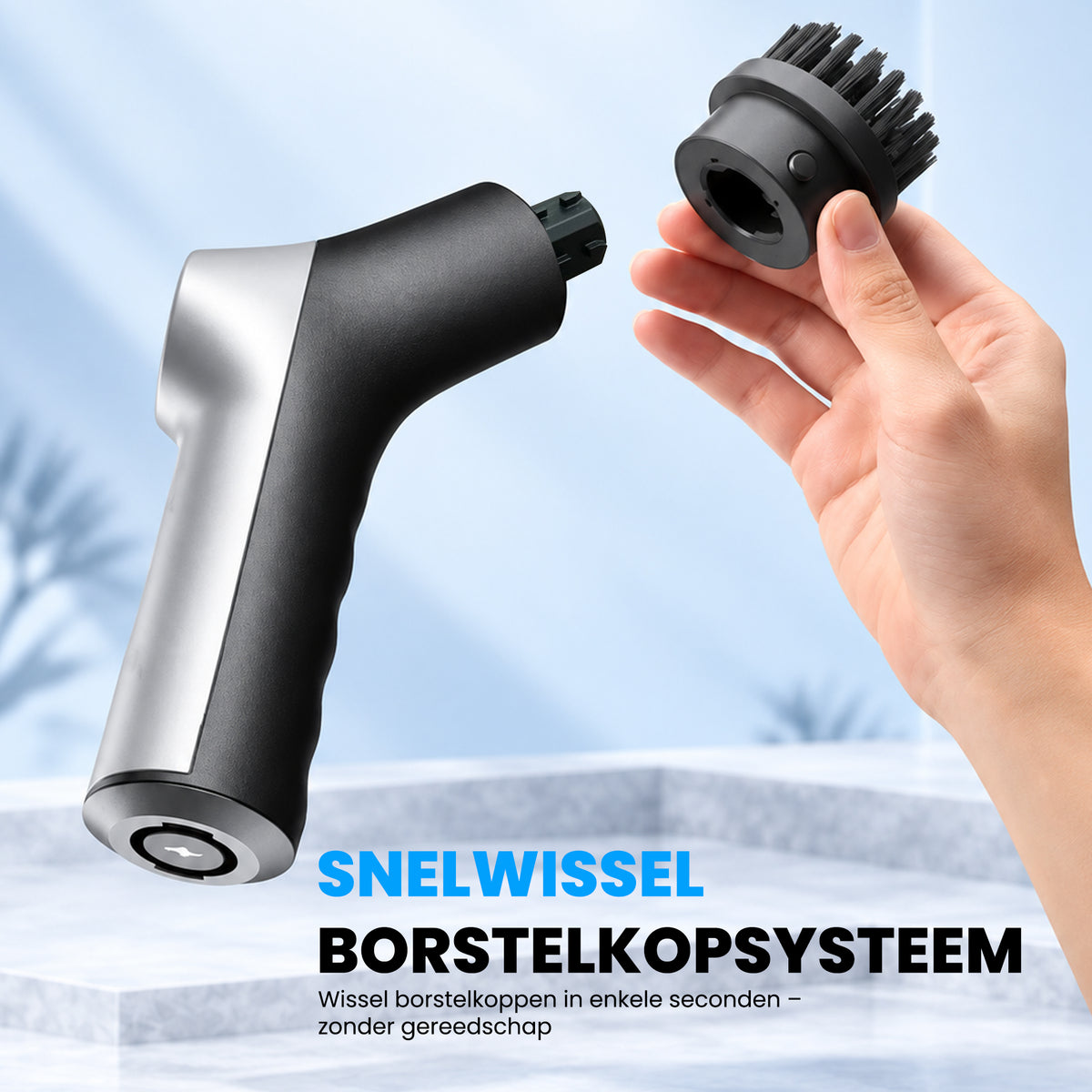 Snelwisselsysteem voor de borstelkoppen van de Kymo schrobborstel