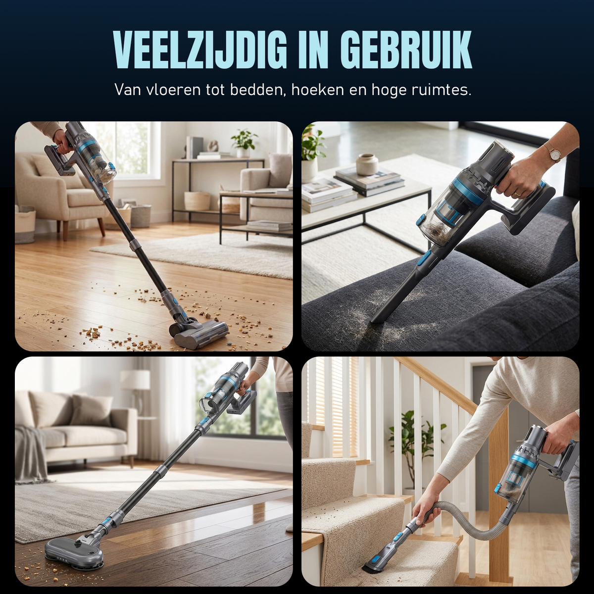 Kymo steelstofzuiger in gebruik op vloer, bank, onder meubels en op de trap
