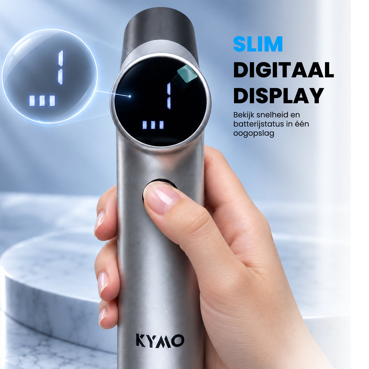 Digitaal display van de Kymo elektrische schoonmaakborstel