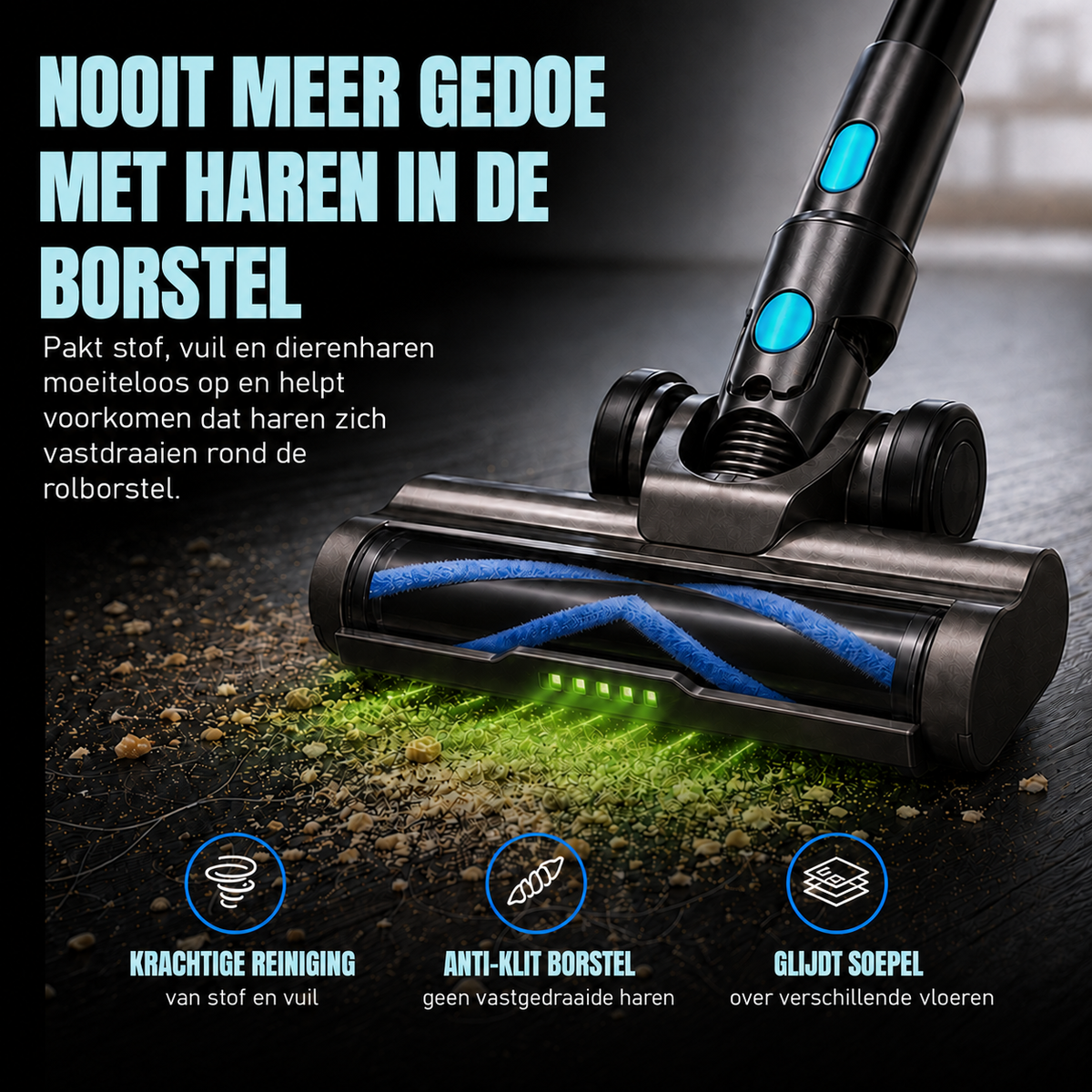 Kymo vloerborstel met anti-haar borstelrol en groene LED-verlichting