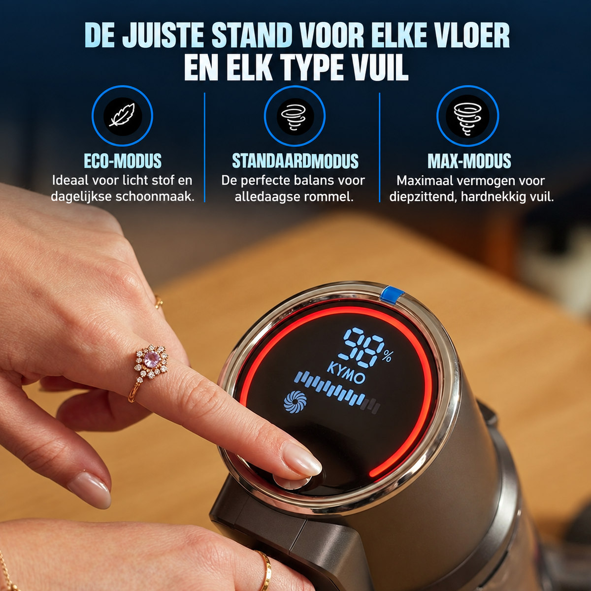 Digitaal display van de Kymo stofzuiger met eco-, standaard- en maxstand