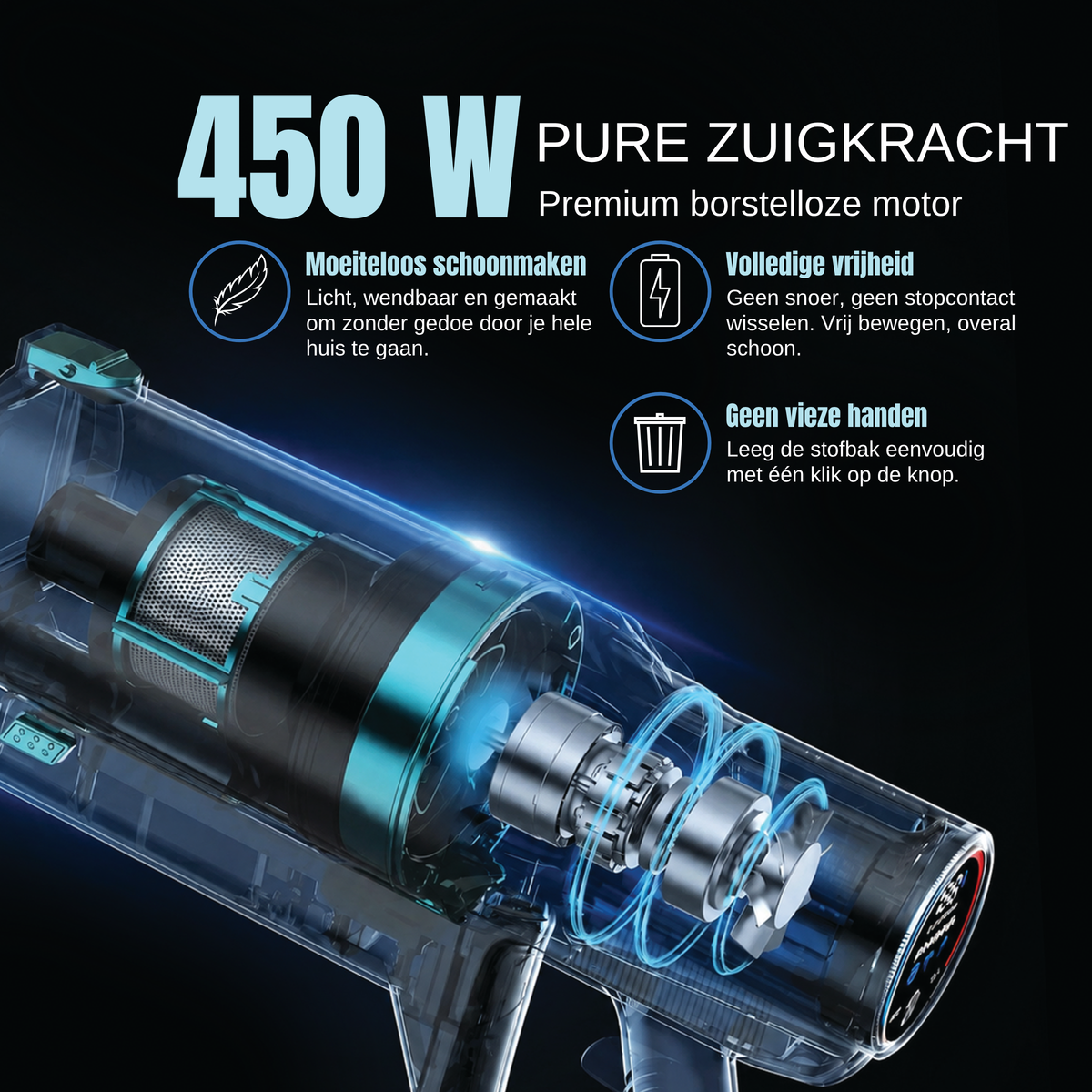 450W borstelloze motor van de Kymo draadloze stofzuiger